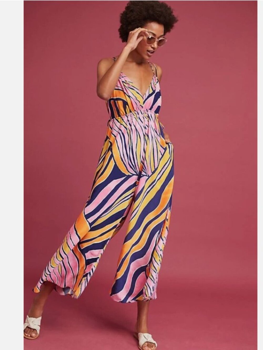 Anthropologie Maeve Finley Wide Leg Striped Abstract Jumpsuit Sz 8